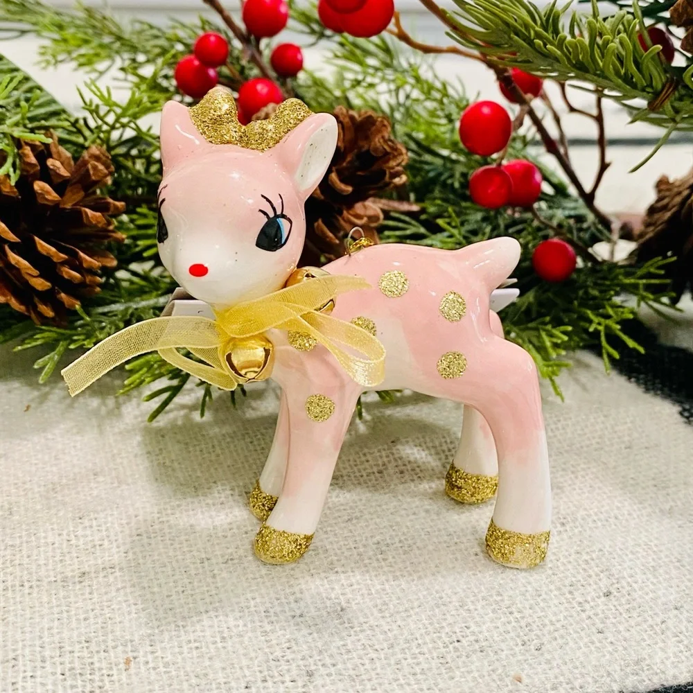 NEW Target Pink Ceramic Retro Deer Christmas Ornament